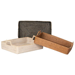 Plateau rectangulaire en rotin style bohème, panier en osier naturel tressé avec poignées trapézoïdales, organisateur - Product Image 2