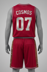 Ensemble de maillot de basket-ball sublimé rouge pour homme Cosmos, col en V, sans manches, short à cordon de serrage, évacuation de l'humidité, coupe athlétique - Product Image 3
