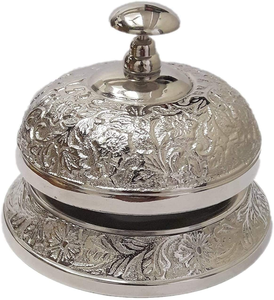 Cloche de réception élégante en argent gravée de motifs floraux, bouton poussoir, cloche de table ornée pour la décoration d'hôtels, restaurants et bureaux - Product Image 4