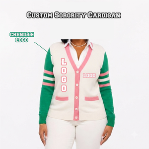<b>Custom</b> University V Neck Cardigan Sorority Women's Sweater Pink Black Chenille Logo Wool Cashmere Knitted Breathable Striped - Product Image 1