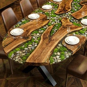 TIMELESS CRAFT Riverstone <b>Moss</b> Handmade <b>Live</b> Edge Wood Modern Customized Shape Dining Table Indoor Luxury Nature Inspired - Product Image 2