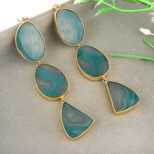Classic freeform agate gemstone long <b>earrings</b> with handmade 18k gold plated bezel setting stone wholesale dangling <b>hook</b> jewelry - Product Image 4