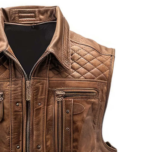 Gilet en cuir pur marron vieilli en peau de mouton véritable, fait main, col élégant, fermeture éclair, coupe ajustée, style motard/racer - Product Image 3