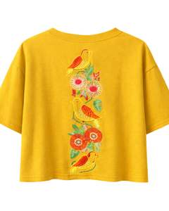 Camiseta Corta Dorada para Mujer con Bordado Floral de Pájaros, Manga Corta, Casual, de Moda, Mezcla de Algodón Suave, Top de Verano para Dama, Venta al por Mayor - Product Image 2