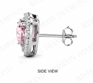Pendientes románticos con diamantes rosas en forma de corazón en oro blanco de 18 quilates con brillantes diamantes redondos en forma de halo para un diseño de lujo atemporal. - Product Image 3