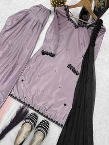 Nuevo conjunto de fiesta de diseñador con top de seda crepé natural de alta calidad y salwar farshi. - Product Image 6