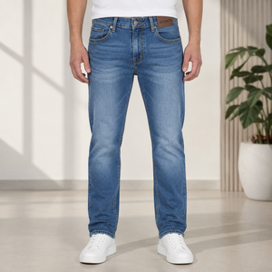 Jean en denim coupe droite pour homme Webson, délavage moyen, coton, coupe classique, élégant, léger, respirant, style printemps - Product Image 1
