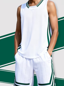Men's White Green Striped Sleeveless Tank Top <b>Set</b> <b>Knitted</b> Quick Dry Sporty Summer Wear V-Neck Design - Product Image 2