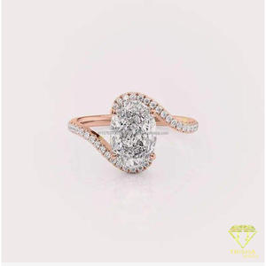 Bague de fiançailles ovale en diamant de laboratoire avec halo croisé en or blanc, bande torsadée pavée, pour femme, idéale pour les mariages et les promesses - Product Image 1