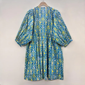 Vestido Casual Midi de Algodón Tejido con Estampado Floral para Mujer, Mangas Abullonadas, Cintura Imperio, Estilo Babydoll, Cuello en V, Corte Holgado - Product Image 2