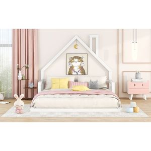 Letto per bambini a grandezza naturale bianco con testiera a forma di casetta, concetto pavimento in legno - Product Image 6