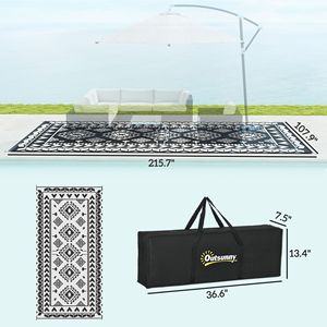 Tappeto da Esterno Reversibile Impermeabile 9FT X 18FT Bianco e Nero in Paglia Sintetica con Borsa per il Trasporto, Motivo a Rombi Bianco e Nero - Product Image 3
