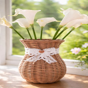 Vase rustique en rotin tressé orné d'un délicat nœud en dentelle blanche, disponible à prix de gros. - Product Image 1