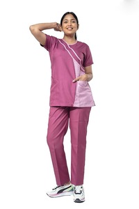 Unisex <b>Doctor</b> Pink Scrub <b>Set</b> with Diagonal Panel Design Hospital Uniform Woven Spandex/Polyester Cotton Pants Top - Product Image 3