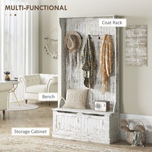 Distressed White 3-in-1 Entryway Bench with Coat Rack Hall Tree 5-<b>Hook</b> <b>Shoe</b> Storage Stand for Hallway - Product Image 4