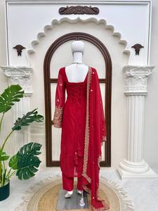 <b>Red</b> Embroidered Chiffon Dupatta Traditional Indian Pakistani Women Wedding Engagement <b>Scarf</b> Floor-Length Ethnic Wear - Product Image 4