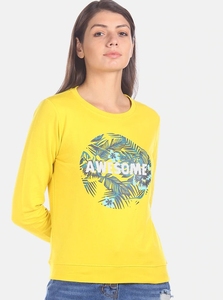 เสื้อสเวตเชิ้ตคอกลมแขนยาวสีเหลืองสำหรับผู้หญิงพร้อมลายพิมพ์ดอกไม้เขตร้อนและดีไซน์ตัวอักษร "Awesome" สำหรับใส่ลำลองในฤดูร้อน - Product Image 1