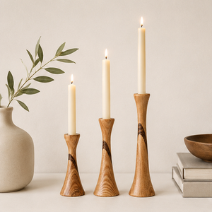 Minimalist Mid-Century Modern Wooden Taper Candle Holder Set Handcrafted Solid Wood Candlestick <b>Stand</b> For Formal Dining Table - Product Image 6