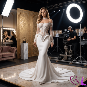 Robe de mariée sirène en dentelle blanche |   Robe de mariée élégante à épaules dénudées, manches longues, design corset ajusté, longueur ras du sol - Product Image 3