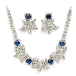 Ensemble collier et boucles d'oreilles en cristal saphir à motif floral, bijoux de mariage pour femmes, style classique, plaqué rhodium - Product Image 1
