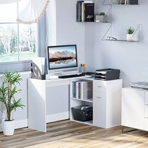 Scrivania per PC a forma di L per ufficio domestico con ripiani girevoli e struttura in MDF - Bianca - Product Image 2