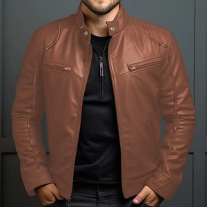 Nouvelle veste universitaire en cuir véritable enduit pour homme, style automne, col montant tendance, à capuche, style urbain - Product Image 2