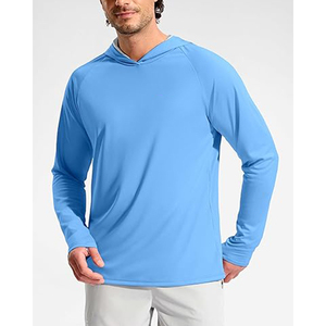 Men's Light Blue Long Sleeve Hooded UPF 50 Quick Dry Solid Color Fishing Shirt Pullover <b>Top</b> - Product Image 1