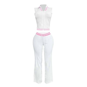 Custom Logo Women's 2 Piece Sports Set Sleeveless Zipper Jacket High Waist Pants Breathable Knitted Activewear All Seasons - Product Image 4