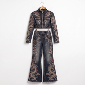 Conjunto de Dos Piezas de Mezclilla Azul Oscuro con Bordado de Dragón para Mujer, Chaqueta Corta y Pantalones Anchos, Ropa Urbana Vintage de Lujo - Product Image 4