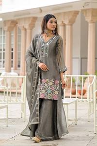 Conjunto de traje, pantalón palazzo y dupatta de satén de la mejor calidad con cuentas y trabajo de espejo, para mujer, exportador de moda, proveedor indio. - Product Image 3