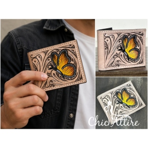 High Quality OEM Hand Tooled Genuine Cow Leather Bifold Fashion Short Multi <b>Card</b> <b>Holder</b> with ID Window Custom Logo Men's <b>Wallet</b> - Product Image 1
