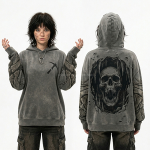 Sudadera con capucha gris personalizada con lavado mineral, gráfico de calavera de cueva, mangas con estampado de tierra agrietada, estilo streetwear de alto gramaje, fabricante - Product Image 1