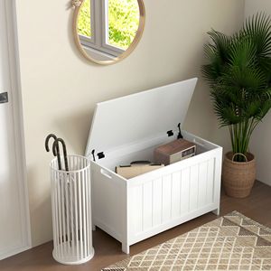 White 29.9\" Wooden <b>Storage</b> Trunk with Safety Hinges Bench Side Handles Playroom <b>Chest</b> for Living Room Cabinets - Product Image 2