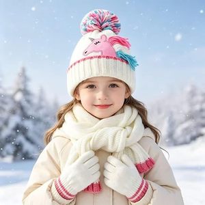 Unicorn Knit <b>Hat</b> Scarf Gloves Set for <b>Girls</b> Kids Cream Pink Winter Beanie with Pom Pom - Product Image 2