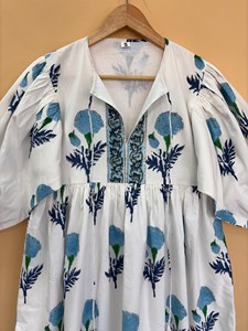 Boho Style Hand Print <b>White</b> Cotton Midi Dress With Tie-Neck Short Sleeve Summer Casual Dress For Women - Product Image 1