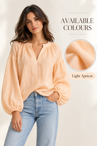 Blusa Sencilla Tejida Color Durazno para Mujer, Cuello en V, Manga Abullonada, Detalle Fruncido, Puño Elástico, Ropa Casual Elegante al por Mayor - Product Image 5