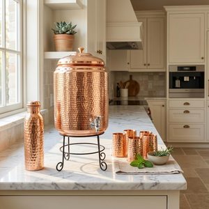Distributeur d'eau en cuivre pur avec support métallique, récipient de stockage artisanal, conteneur de boissons traditionnel en cuivre pour la consommation quotidienne - Product Image 4