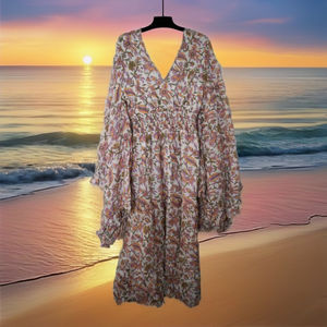 Vestido de Verano de Algodón Indio para Mujer, Mangas Largas, Estampado a Mano, Botones, Casual, Dulce, Vestido de Cumpleaños, Largo hasta el Suelo, para la Playa y Otras Ocasiones - Product Image 3