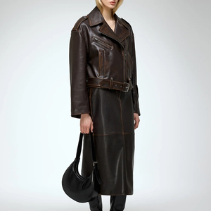 Women's Genuine <b>Leather</b> Moto <b>Jacket</b> <b>Long</b> Sleeve Turn-down Collar Zipper Closure Autumn Style Solid Color Full Length Outerwear - Product Image 5