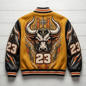 Chaqueta Dorada para Hombre, Chaqueta Universitaria de Béisbol, Cuerpo de Lana, Mangas de Cuero, Diseño de Toro Bordado, Chaqueta Bomber de Equipo - Product Image 4