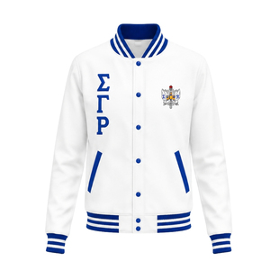 Custom <b>White</b> and Royal Blue Varsity Jacket with Striped Ribbed Collar Cuffs Hem Greek Letter Embroidery and Crest Logo Collegiat - Product Image 1