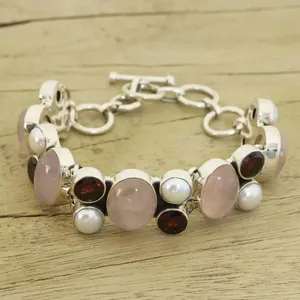 Bracelet en quartz rose, grenat et perles d'eau douce en argent 925, design classique à maillons, pour un usage quotidien féminin - Product Image 4
