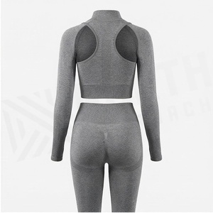 North Approach 2 Piece Yoga Set Full Length <b>Zipper</b> Front Solid Gray Crop <b>Top</b> High Waist Leggings Breathable Sportswear - Product Image 2