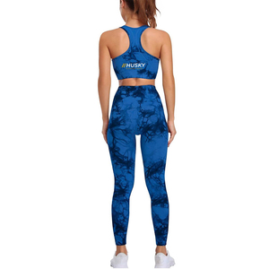 HUSKY Women's Ribbed Sports <b>Bra</b> Leggings Set <b>Blue</b> Seamless Fitness Wear Breathable Racerback Scoop Neck High Support - Product Image 3