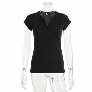 Camisetas de Algodón Lisas para Mujer, Cuello en V Profundo, Estampado Digital con Logotipo, Manga Corta, Transpirables, de Alta Calidad - Product Image 1