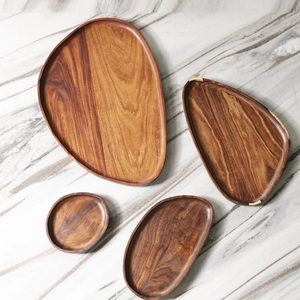 Premium Oval Nesting Acacia Wood Serving Trays Set 2 Sleek <b>T</b>-<b>Bar</b> Brass Handles Disposable Eco-Friendly Modern Luxury ROSHAN - Product Image 3