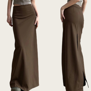 Jupe sirène rétro marron pour femme, élégante et décontractée, style étudiant, taille haute, fente haute, pour le quotidien - Product Image 3
