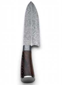 Couteau de chef Santoku en acier Damas à motif plume, fabriqué à la main, style japonais, couteau de cuisine pour trancher, manche en bois de rose - Product Image 2
