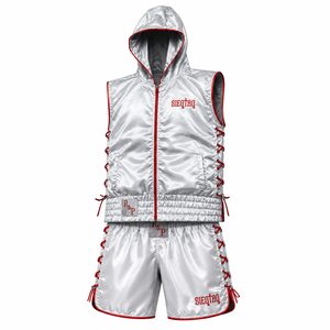 Custom Boxing Sleeveless Zip Hoodie <b>Silver</b> Satin Professional Set Martial Arts Training Vest Quick Dry Eco-Friendly Front - Product Image 1