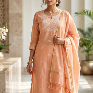 Peachy <b>Chikankari</b> Women's <b>Suit</b> Sets Dreamy Chanderi Weaves - Product Image 1